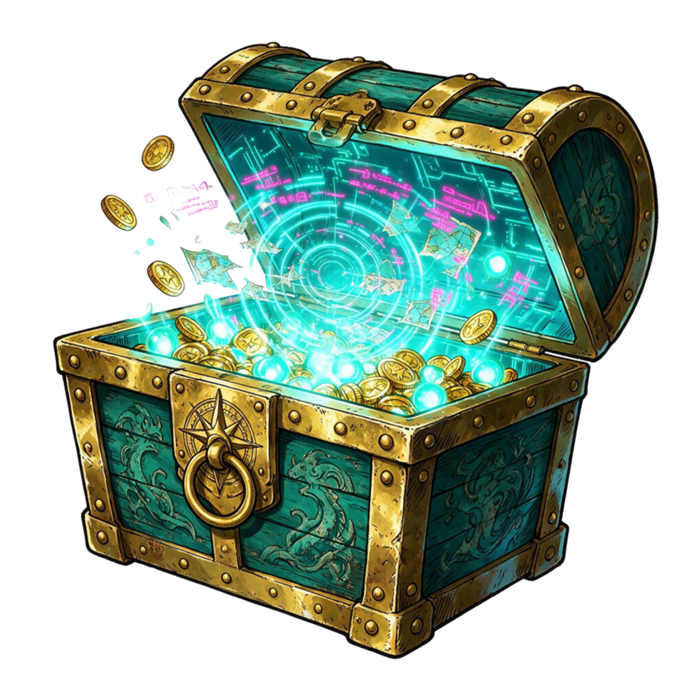 Illustrated treasure chest projecting a holographic interface of charts and data.