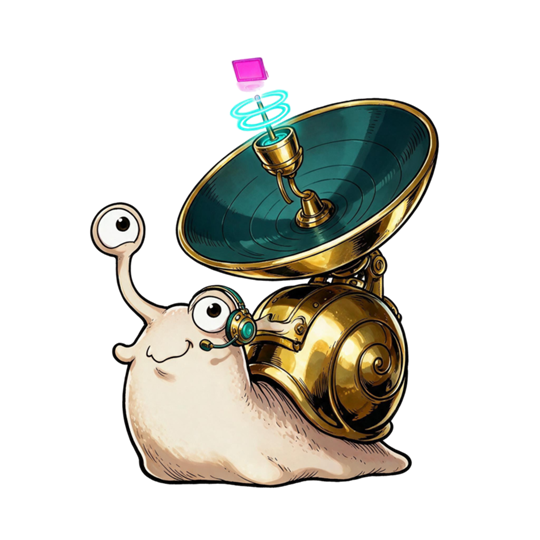 Illustration of a transponder snail with a satellite-dish shell, the studio's mascot for getting in touch.