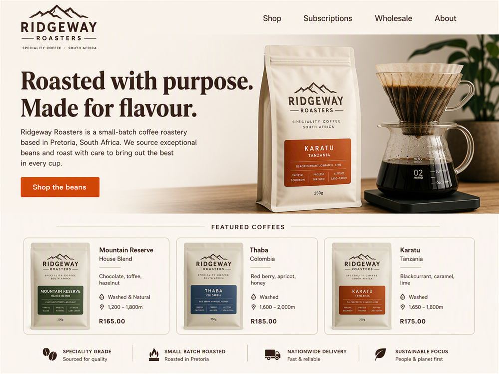 Concept homepage design for Ridgeway Roasters, a speciality coffee roastery.