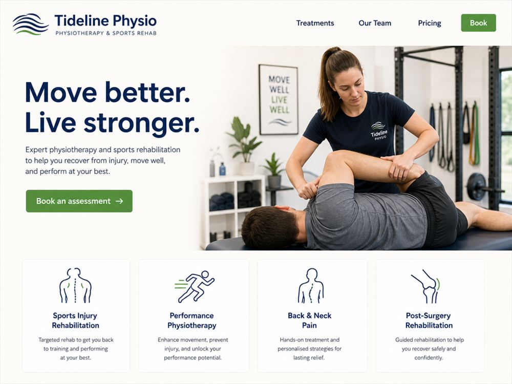 Concept homepage design for Tideline Physio, a physiotherapy and sports rehab clinic.