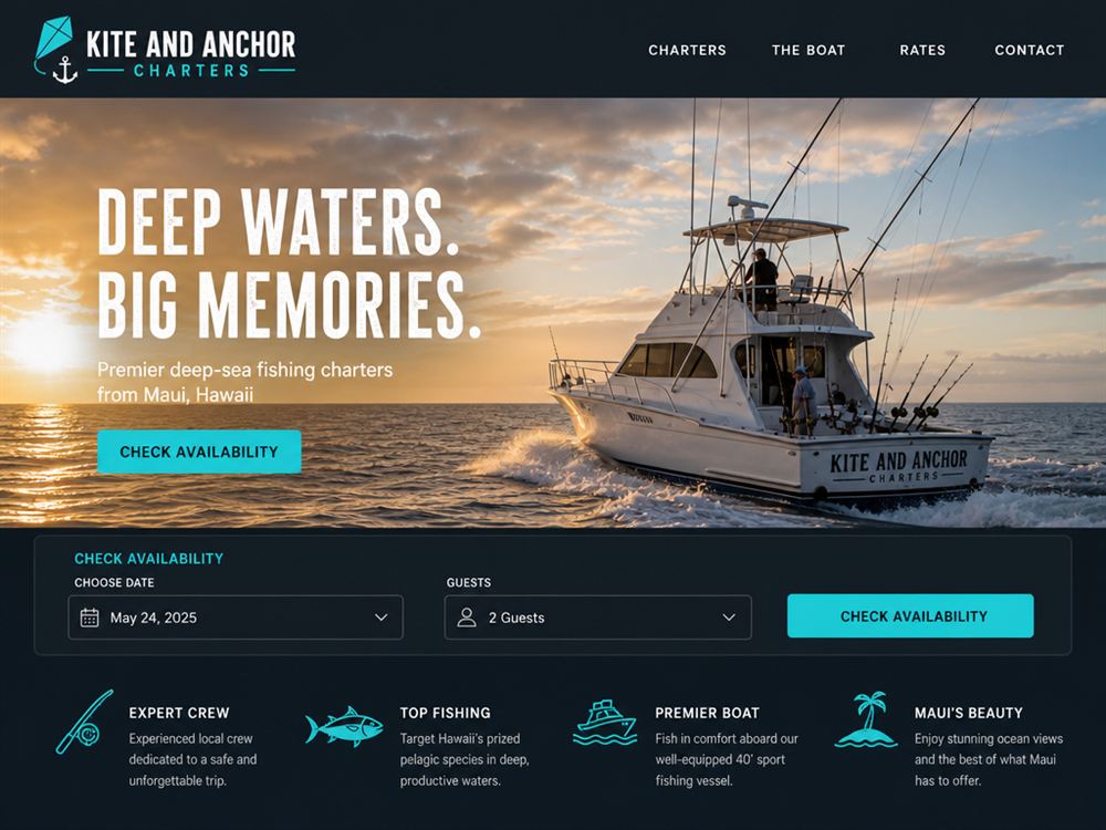 Concept homepage design for Kite and Anchor Charters, a deep-sea charter company.
